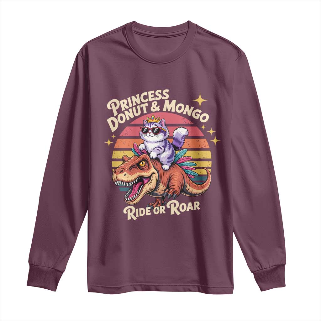 Princess Donut and Mongo Ride or Roar Long Sleeve Shirt Funny Cat Riding Dinosaur Retro Sunset