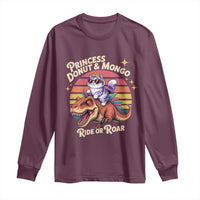 Princess Donut and Mongo Ride or Roar Long Sleeve Shirt Funny Cat Riding Dinosaur Retro Sunset