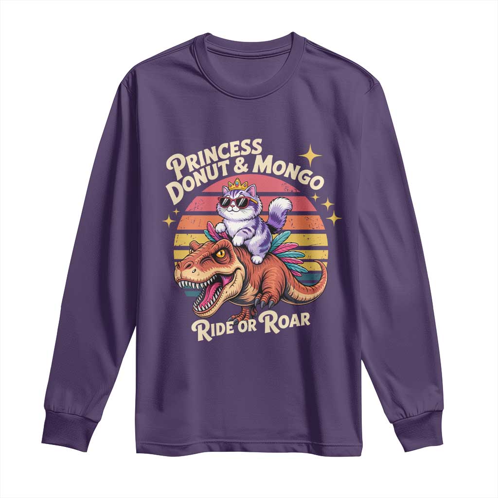 Princess Donut and Mongo Ride or Roar Long Sleeve Shirt Funny Cat Riding Dinosaur Retro Sunset