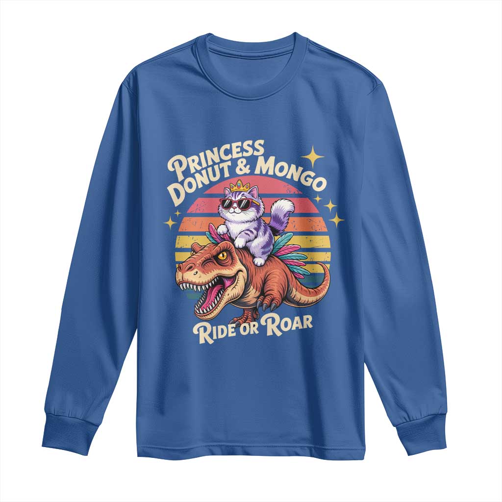 Princess Donut and Mongo Ride or Roar Long Sleeve Shirt Funny Cat Riding Dinosaur Retro Sunset
