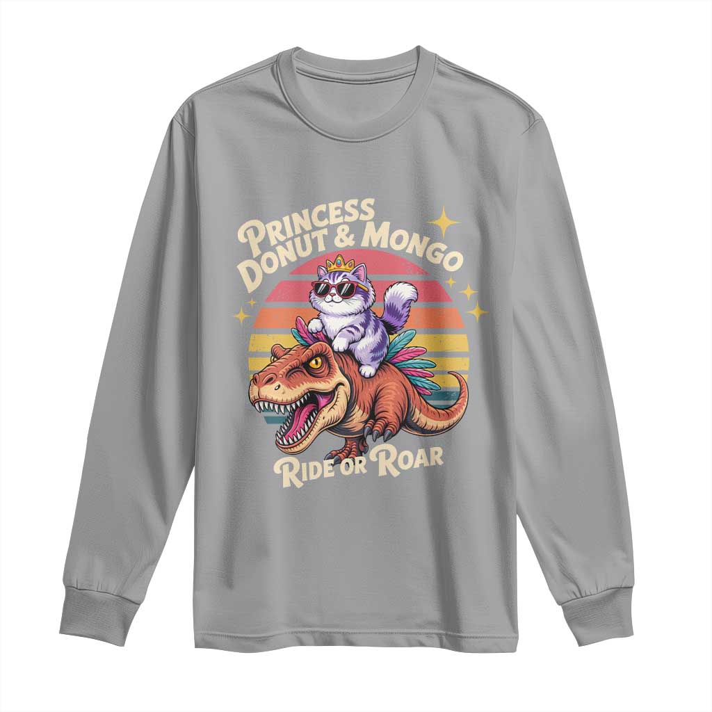 Princess Donut and Mongo Ride or Roar Long Sleeve Shirt Funny Cat Riding Dinosaur Retro Sunset