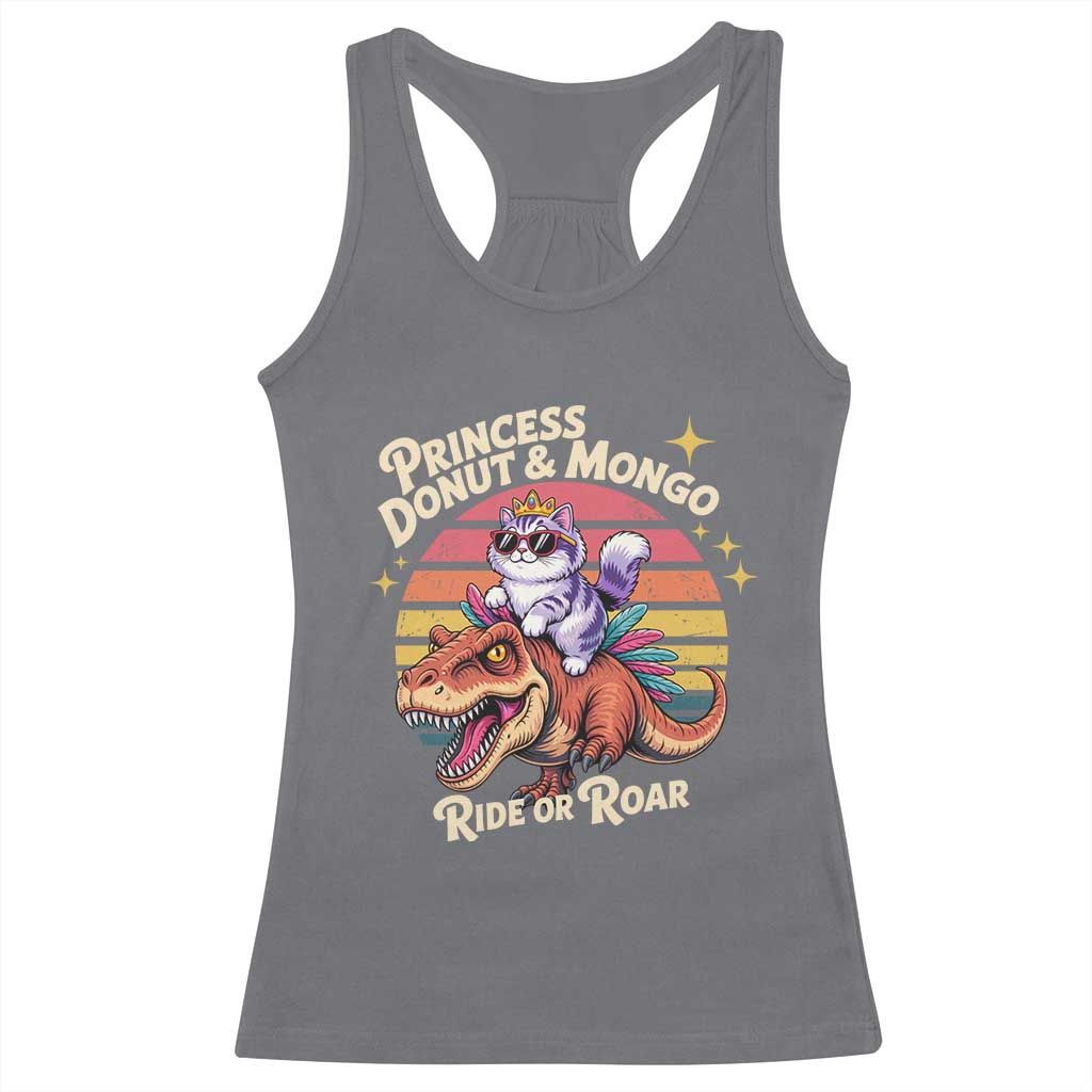 Princess Donut and Mongo Ride or Roar Racerback Tank Top Funny Cat Riding Dinosaur Retro Sunset