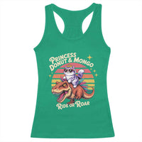 Princess Donut and Mongo Ride or Roar Racerback Tank Top Funny Cat Riding Dinosaur Retro Sunset