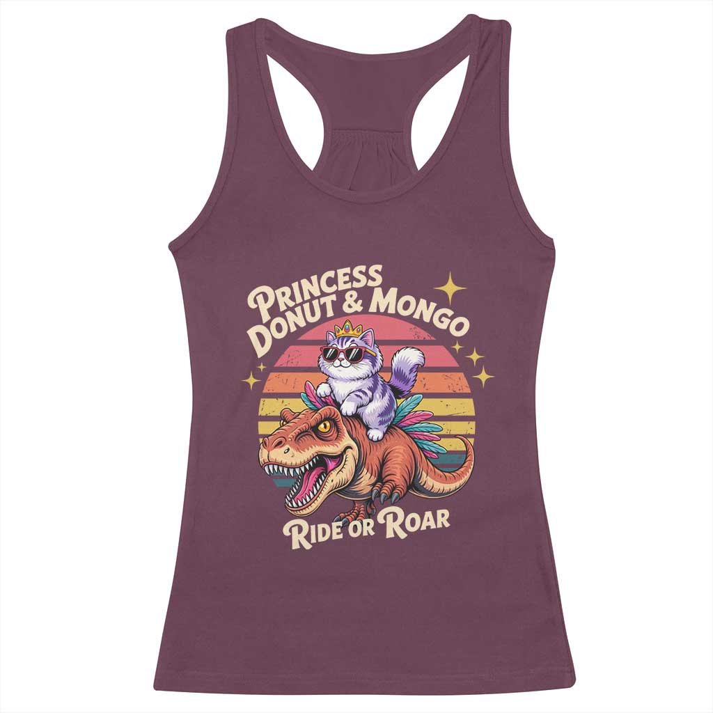 Princess Donut and Mongo Ride or Roar Racerback Tank Top Funny Cat Riding Dinosaur Retro Sunset