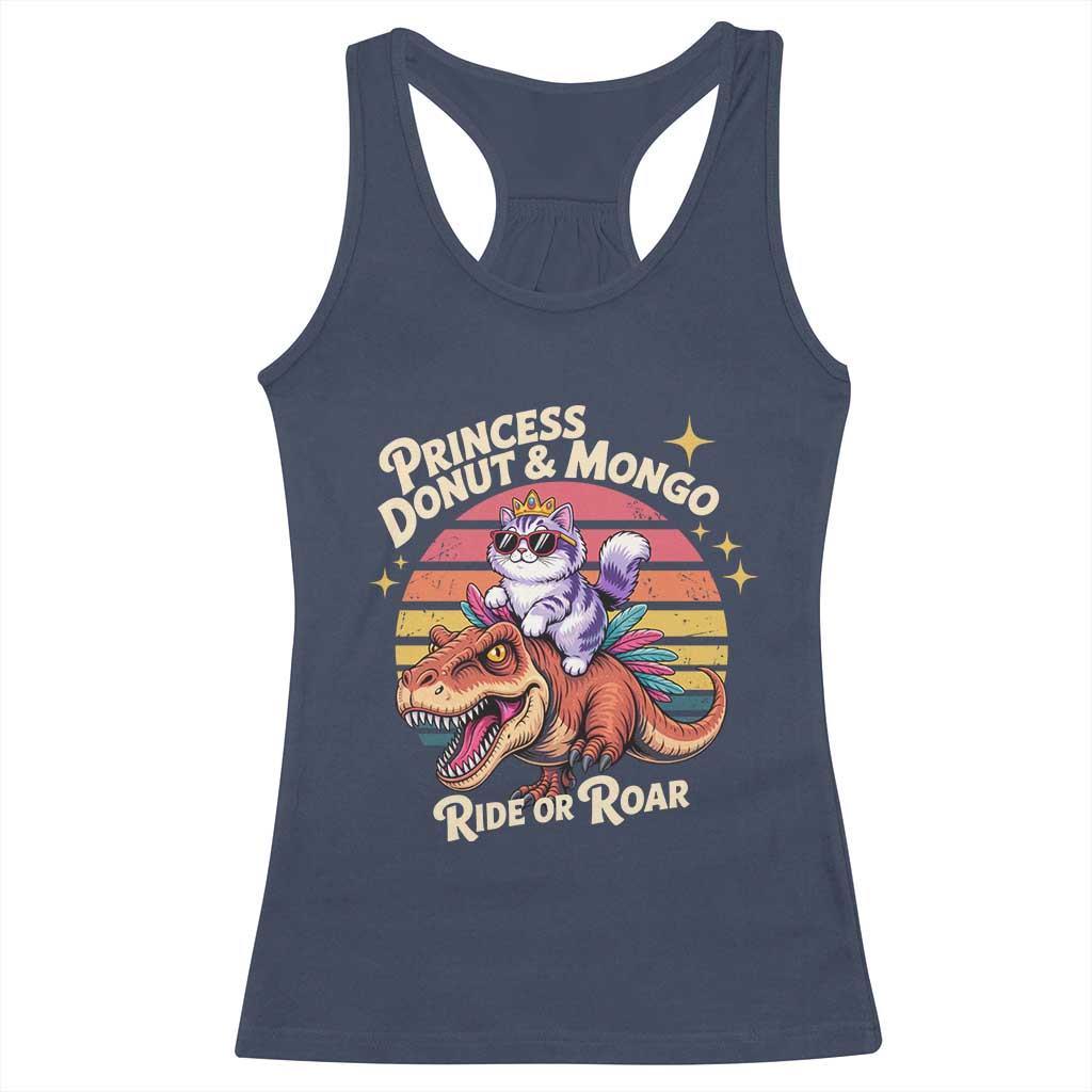 Princess Donut and Mongo Ride or Roar Racerback Tank Top Funny Cat Riding Dinosaur Retro Sunset