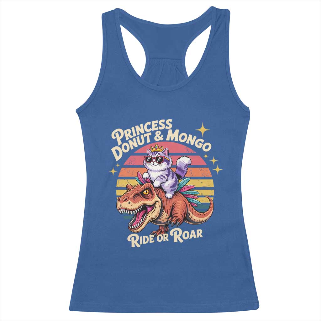 Princess Donut and Mongo Ride or Roar Racerback Tank Top Funny Cat Riding Dinosaur Retro Sunset
