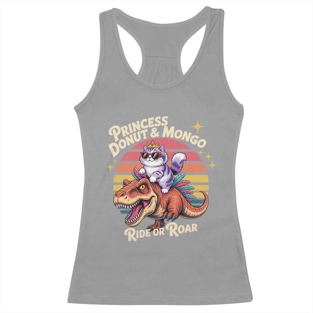 Princess Donut and Mongo Ride or Roar Racerback Tank Top Funny Cat Riding Dinosaur Retro Sunset