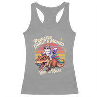 Princess Donut and Mongo Ride or Roar Racerback Tank Top Funny Cat Riding Dinosaur Retro Sunset