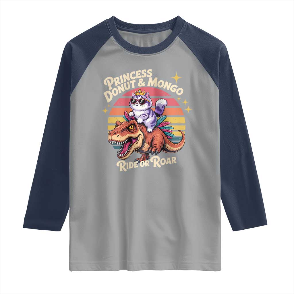 Princess Donut and Mongo Ride or Roar Raglan Shirt Funny Cat Riding Dinosaur Retro Sunset