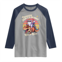 Princess Donut and Mongo Ride or Roar Raglan Shirt Funny Cat Riding Dinosaur Retro Sunset