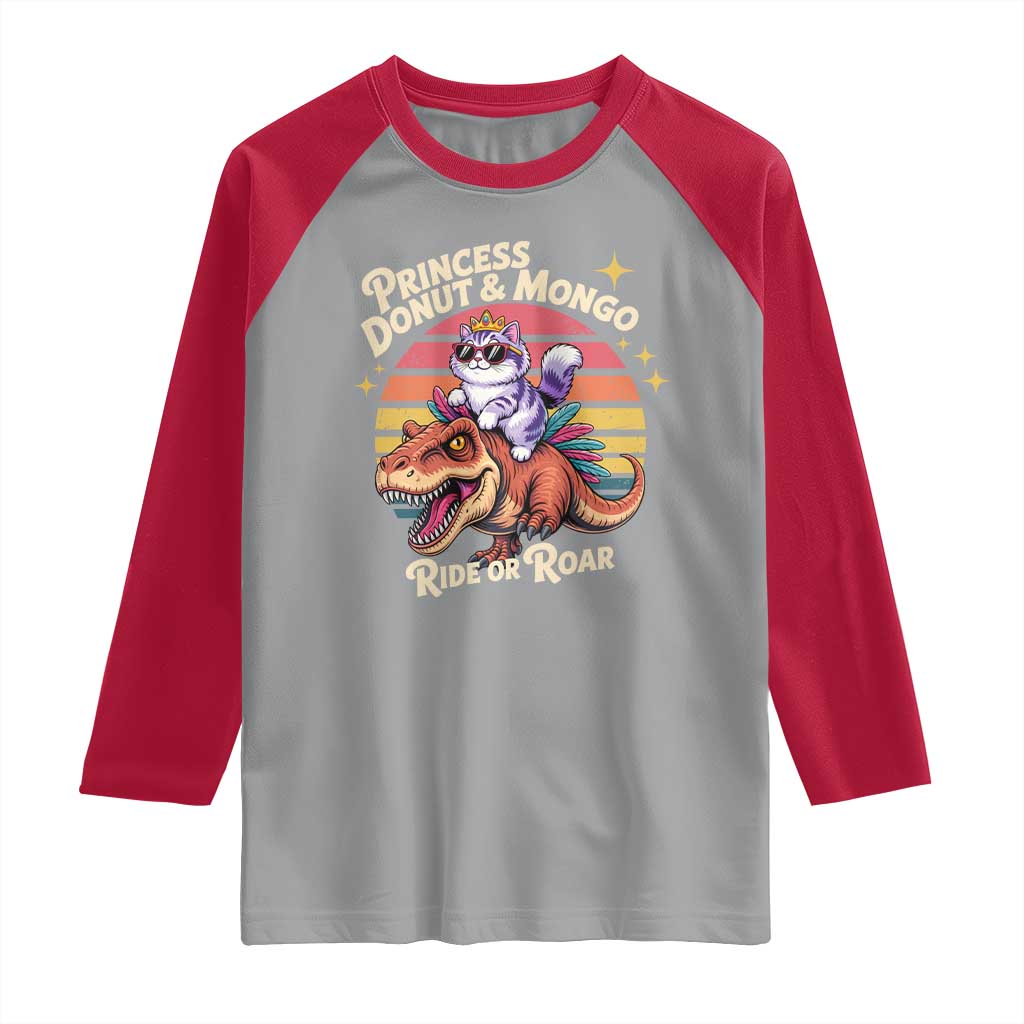 Princess Donut and Mongo Ride or Roar Raglan Shirt Funny Cat Riding Dinosaur Retro Sunset
