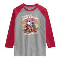 Princess Donut and Mongo Ride or Roar Raglan Shirt Funny Cat Riding Dinosaur Retro Sunset