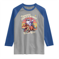 Princess Donut and Mongo Ride or Roar Raglan Shirt Funny Cat Riding Dinosaur Retro Sunset