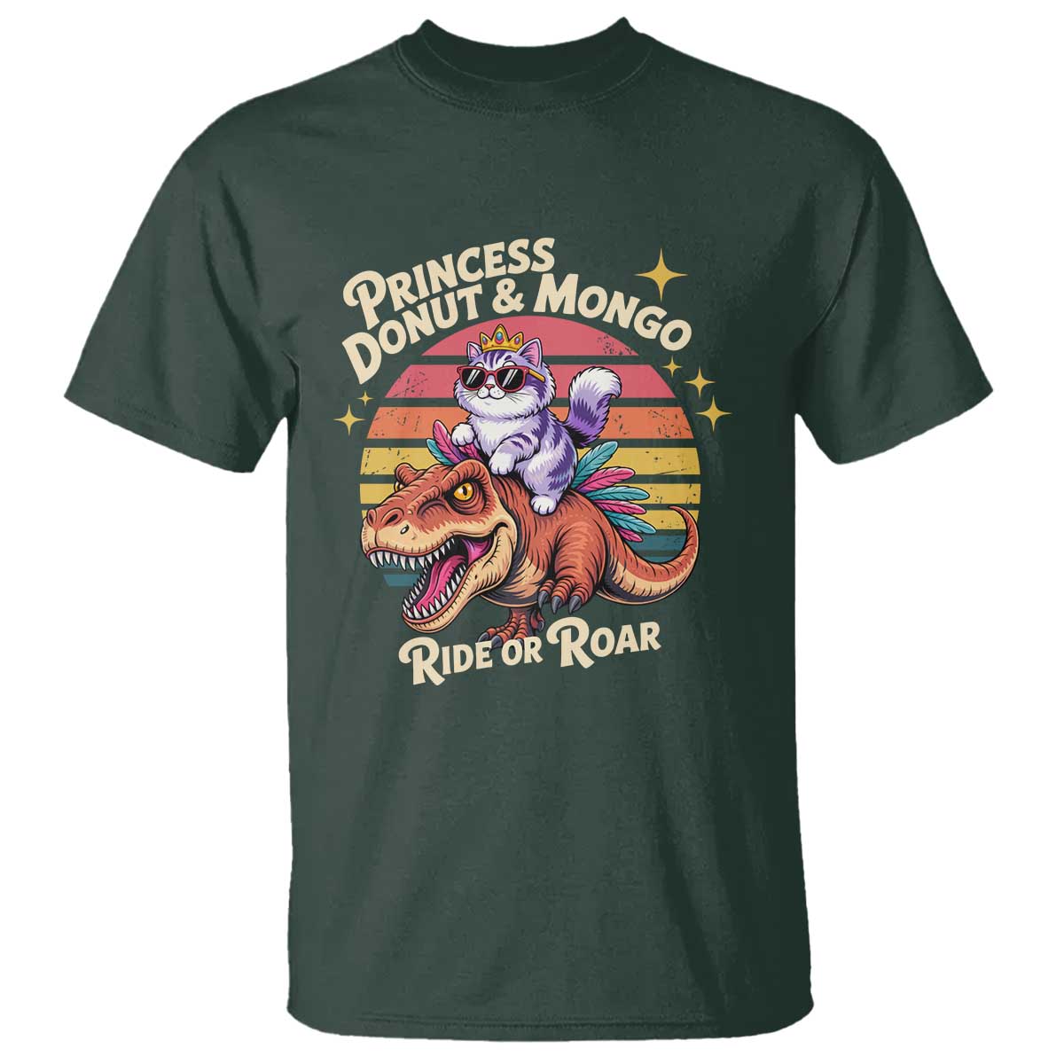 Princess Donut and Mongo Ride or Roar T Shirt Funny Cat Riding Dinosaur Retro Sunset