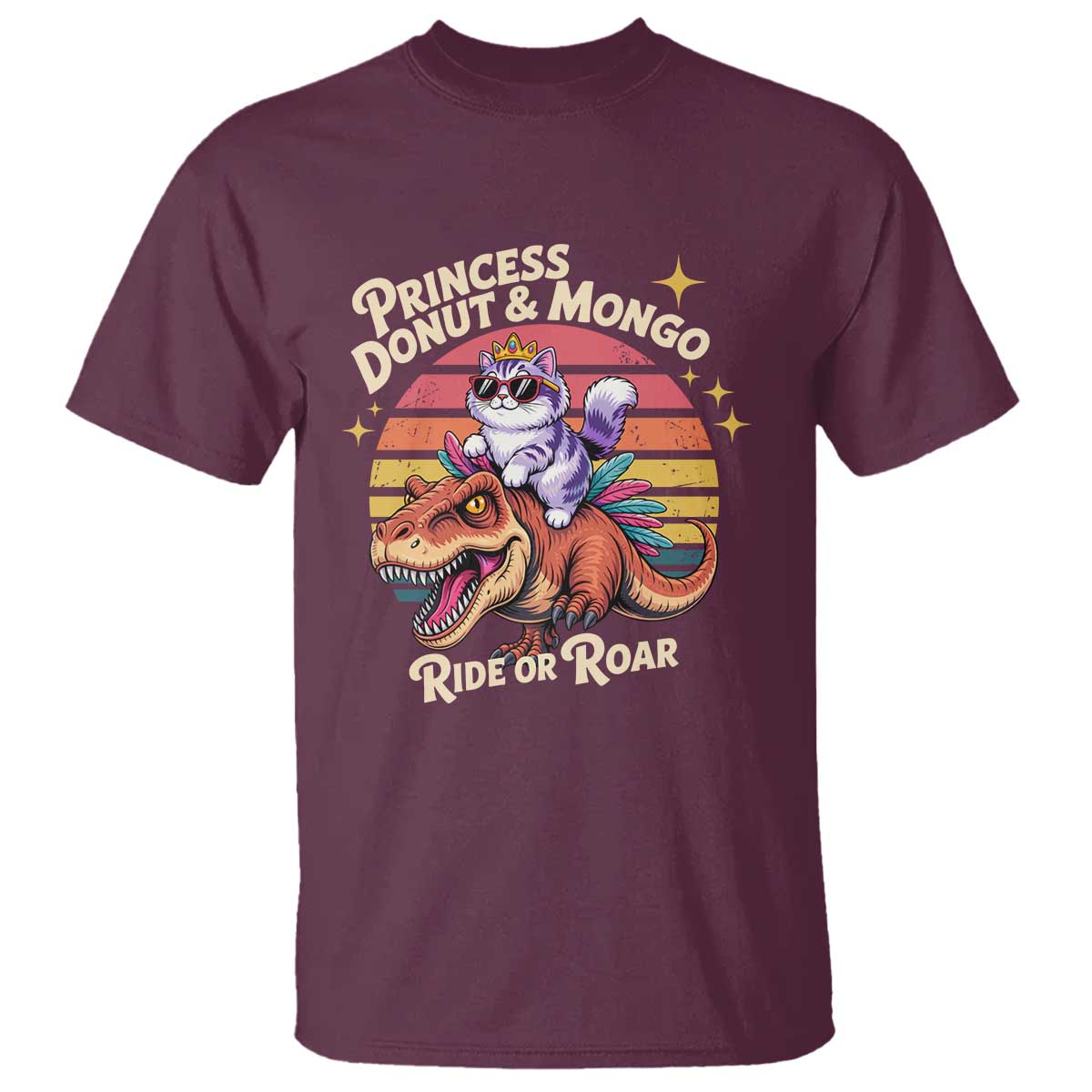Princess Donut and Mongo Ride or Roar T Shirt Funny Cat Riding Dinosaur Retro Sunset