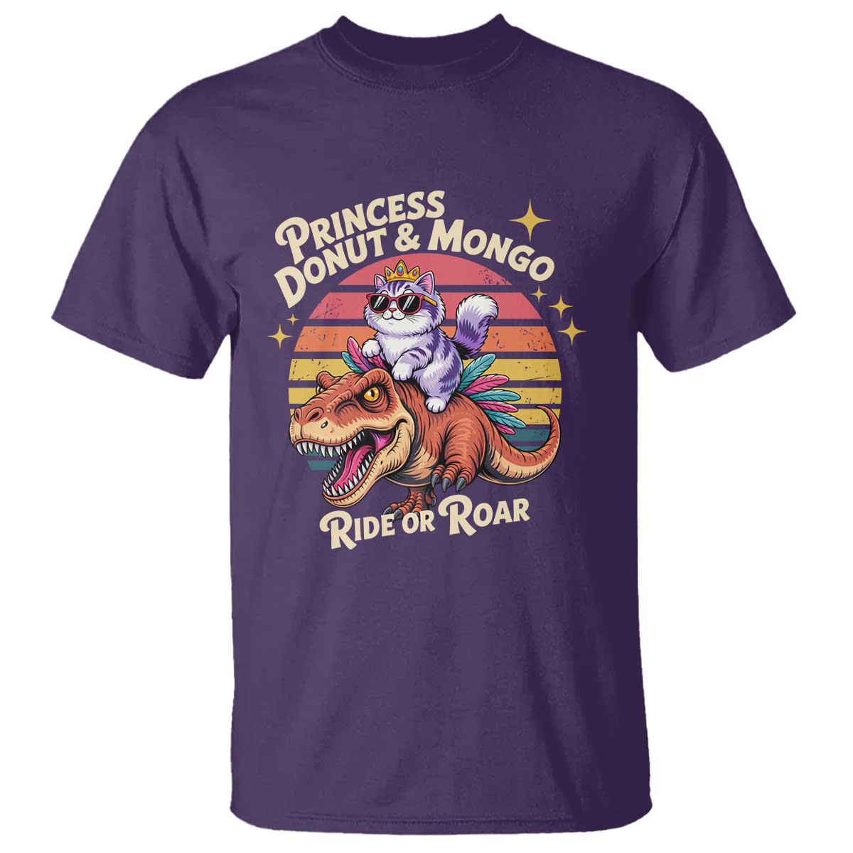 Princess Donut and Mongo Ride or Roar T Shirt Funny Cat Riding Dinosaur Retro Sunset