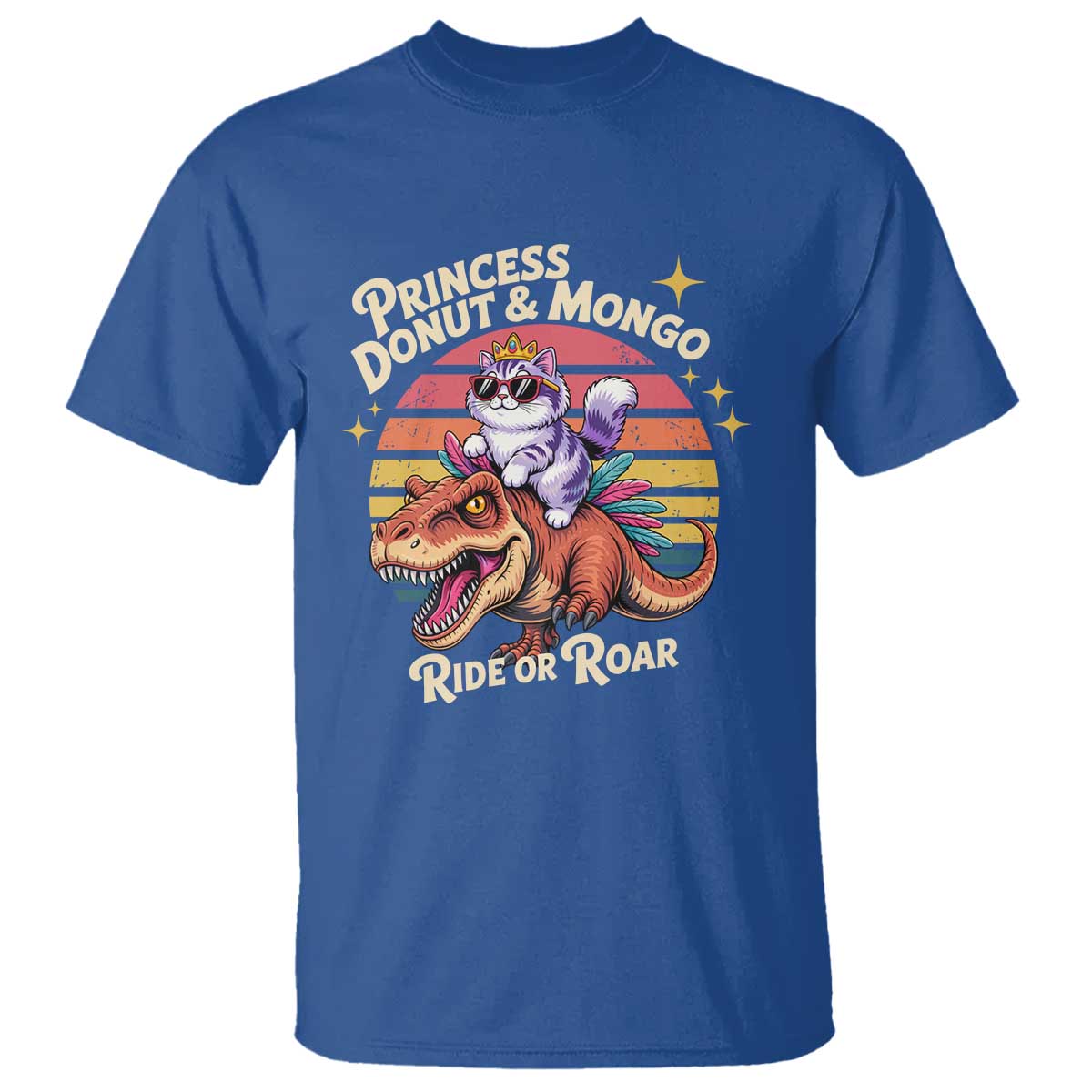 Princess Donut and Mongo Ride or Roar T Shirt Funny Cat Riding Dinosaur Retro Sunset