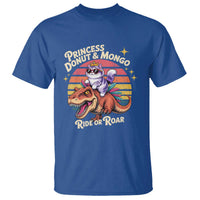 Princess Donut and Mongo Ride or Roar T Shirt Funny Cat Riding Dinosaur Retro Sunset
