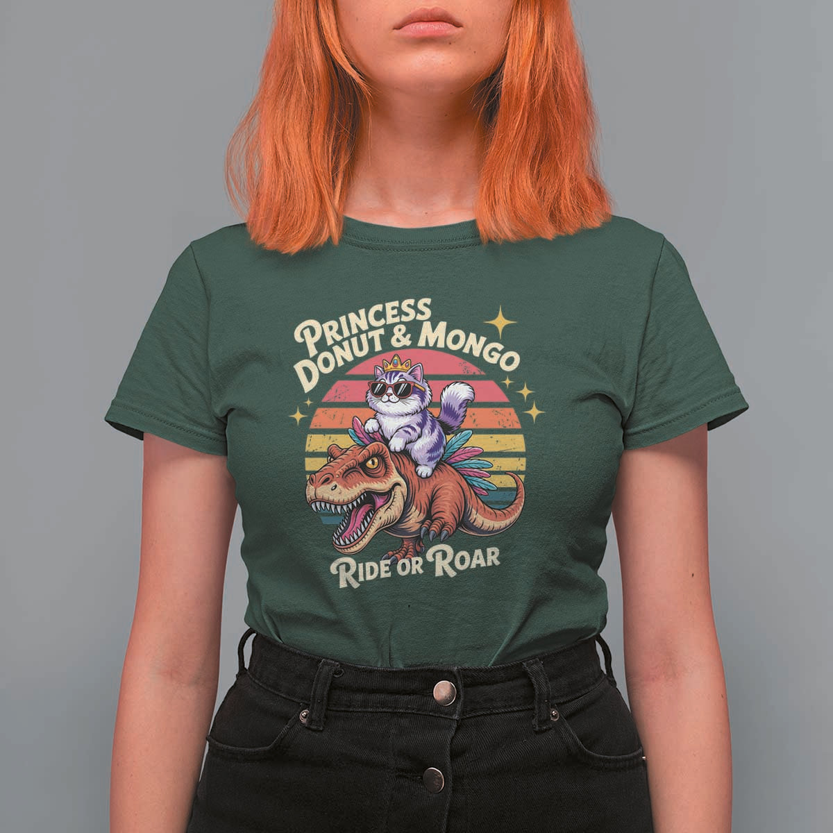 Princess Donut and Mongo Ride or Roar T Shirt For Women Funny Cat Riding Dinosaur Retro Sunset