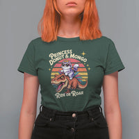 Princess Donut and Mongo Ride or Roar T Shirt For Women Funny Cat Riding Dinosaur Retro Sunset