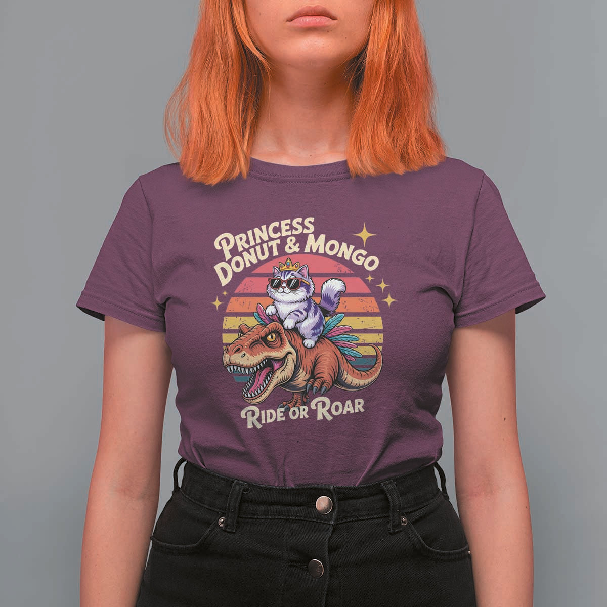 Princess Donut and Mongo Ride or Roar T Shirt For Women Funny Cat Riding Dinosaur Retro Sunset