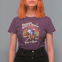 Princess Donut and Mongo Ride or Roar T Shirt For Women Funny Cat Riding Dinosaur Retro Sunset