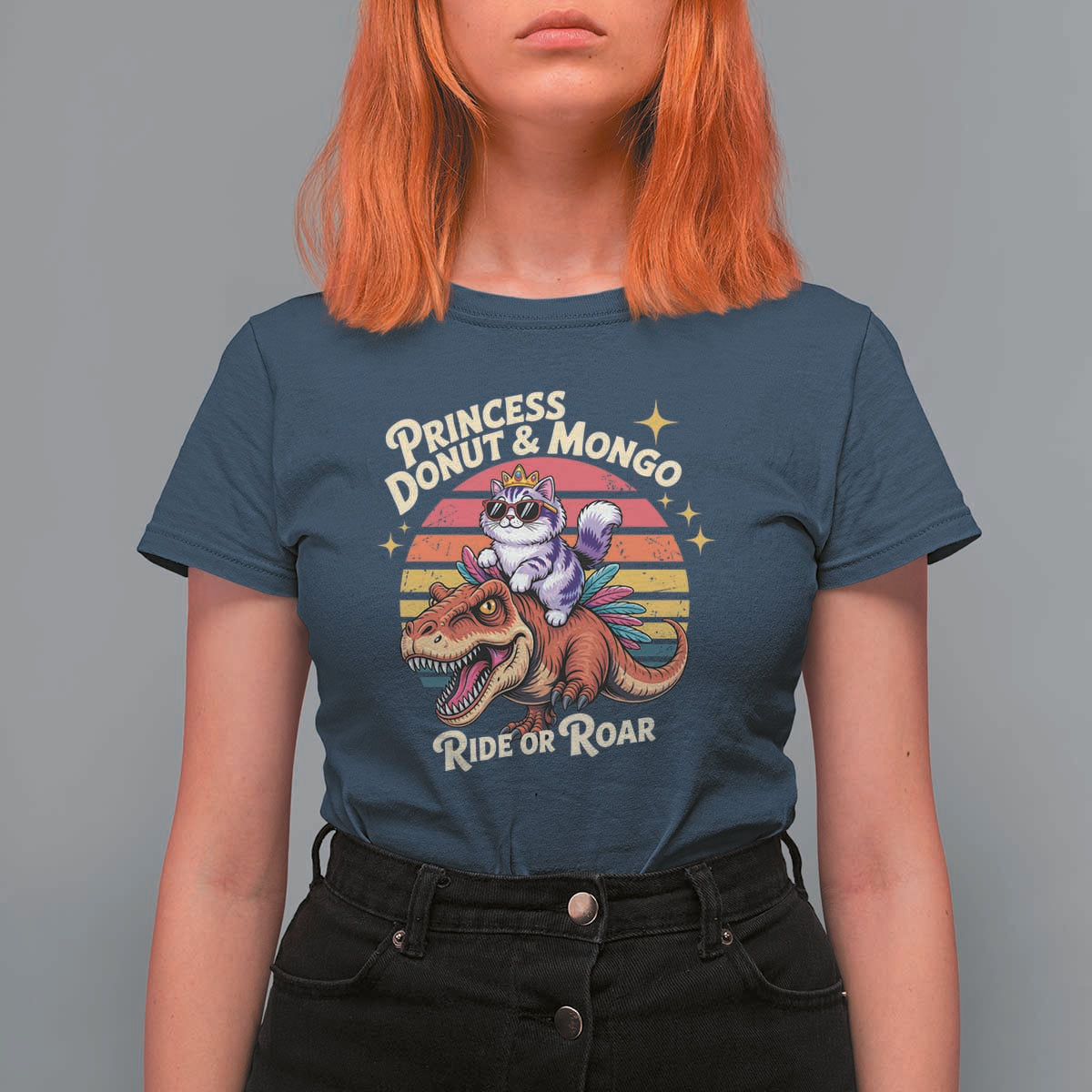 Princess Donut and Mongo Ride or Roar T Shirt For Women Funny Cat Riding Dinosaur Retro Sunset