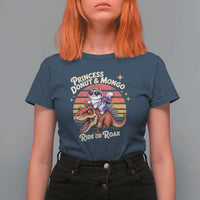 Princess Donut and Mongo Ride or Roar T Shirt For Women Funny Cat Riding Dinosaur Retro Sunset