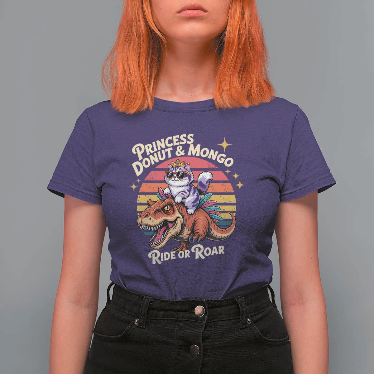 Princess Donut and Mongo Ride or Roar T Shirt For Women Funny Cat Riding Dinosaur Retro Sunset