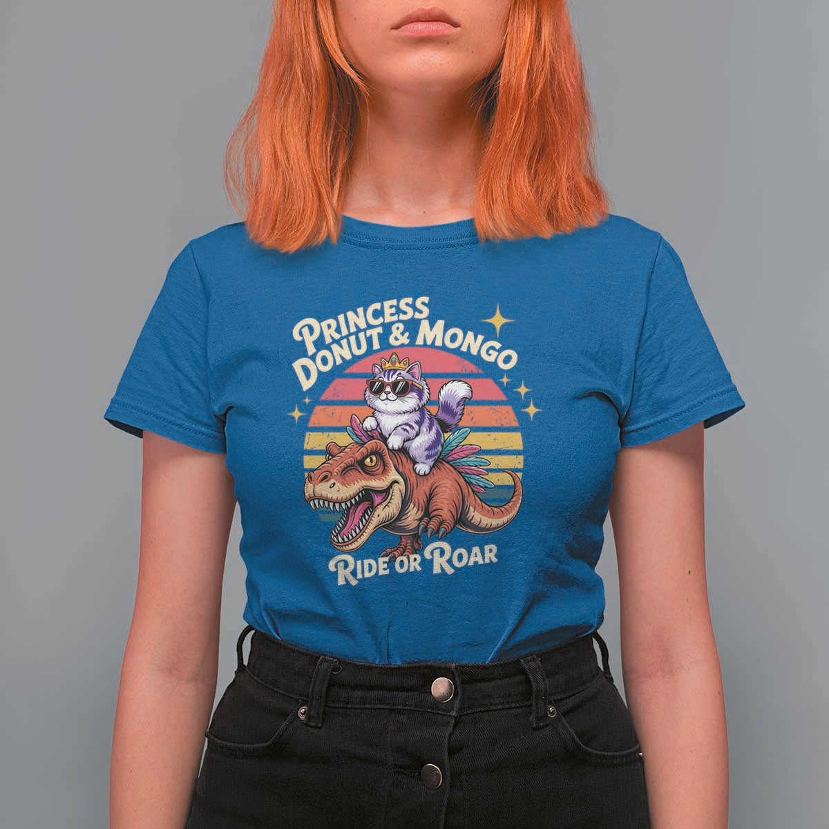 Princess Donut and Mongo Ride or Roar T Shirt For Women Funny Cat Riding Dinosaur Retro Sunset
