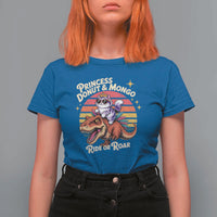 Princess Donut and Mongo Ride or Roar T Shirt For Women Funny Cat Riding Dinosaur Retro Sunset