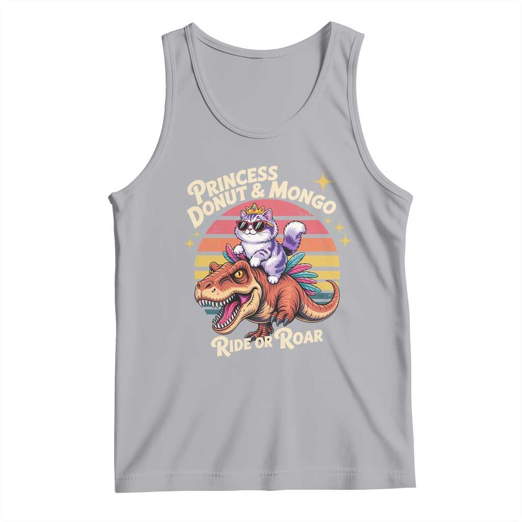 Princess Donut and Mongo Ride or Roar Tank Top Funny Cat Riding Dinosaur Retro Sunset