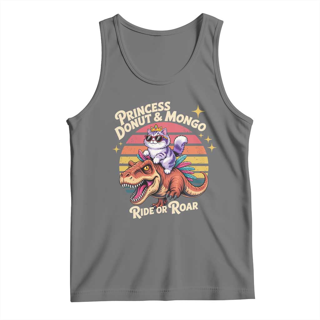 Princess Donut and Mongo Ride or Roar Tank Top Funny Cat Riding Dinosaur Retro Sunset