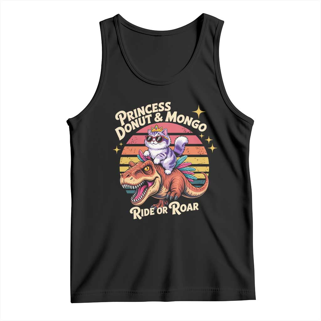 Princess Donut and Mongo Ride or Roar Tank Top Funny Cat Riding Dinosaur Retro Sunset