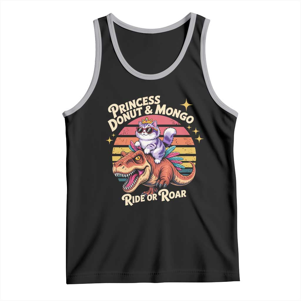 Princess Donut and Mongo Ride or Roar Tank Top Funny Cat Riding Dinosaur Retro Sunset