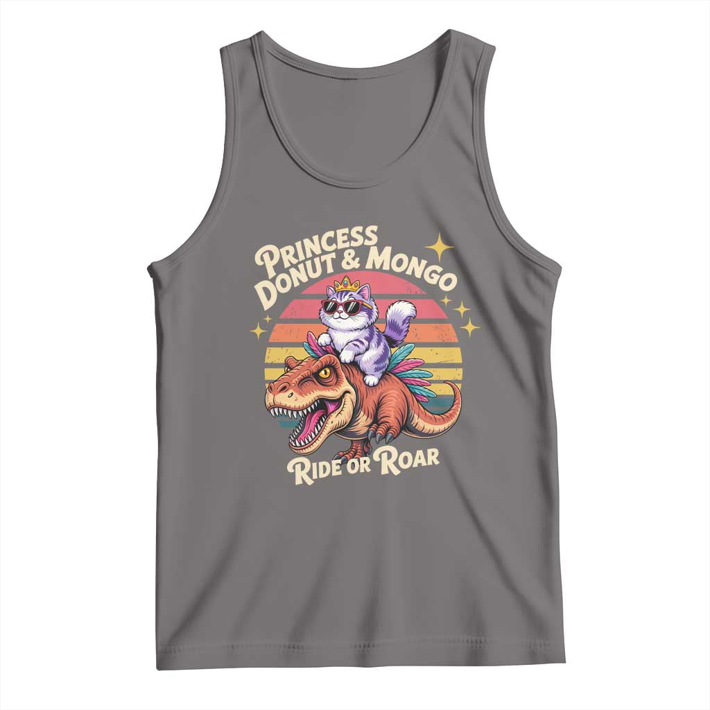 Princess Donut and Mongo Ride or Roar Tank Top Funny Cat Riding Dinosaur Retro Sunset