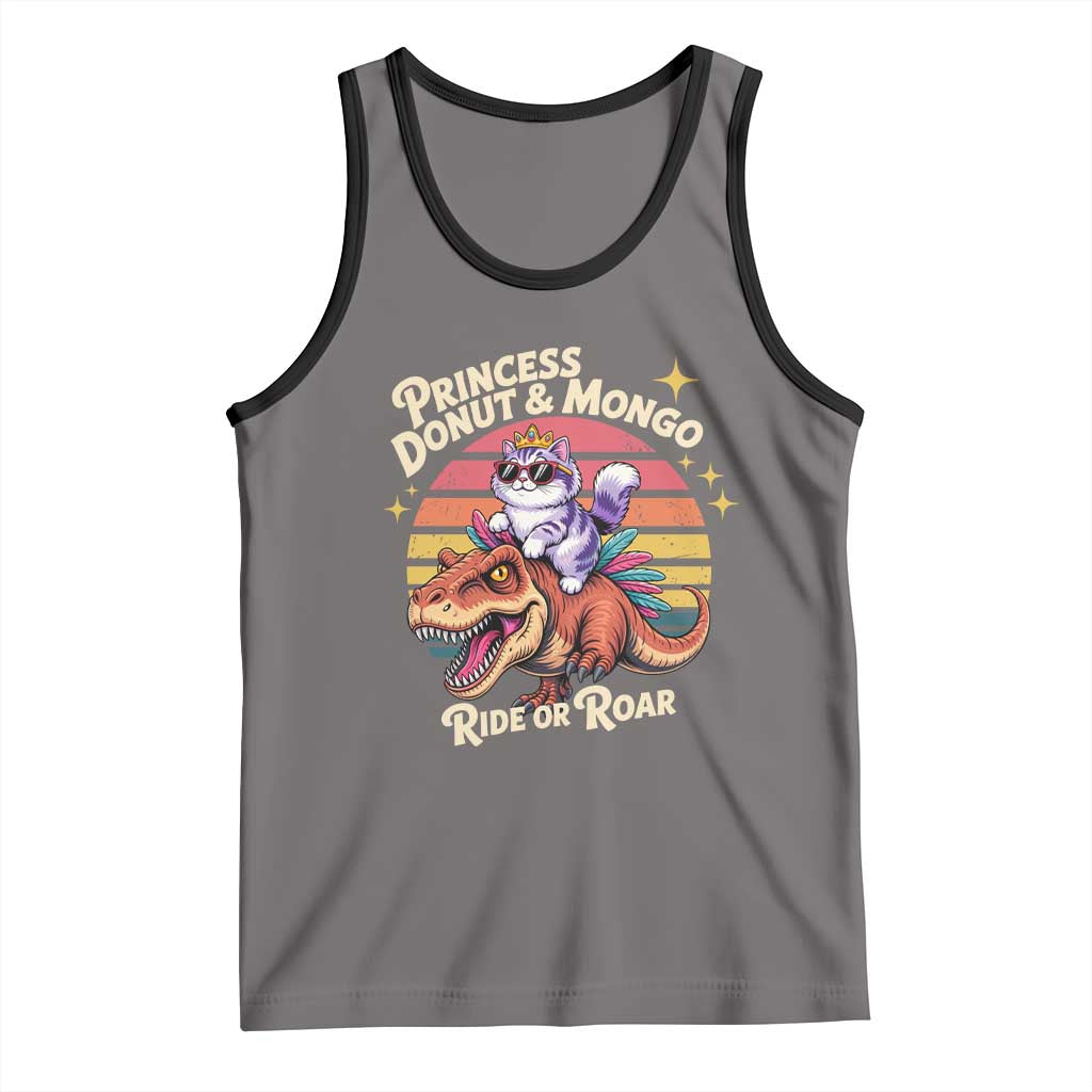 Princess Donut and Mongo Ride or Roar Tank Top Funny Cat Riding Dinosaur Retro Sunset