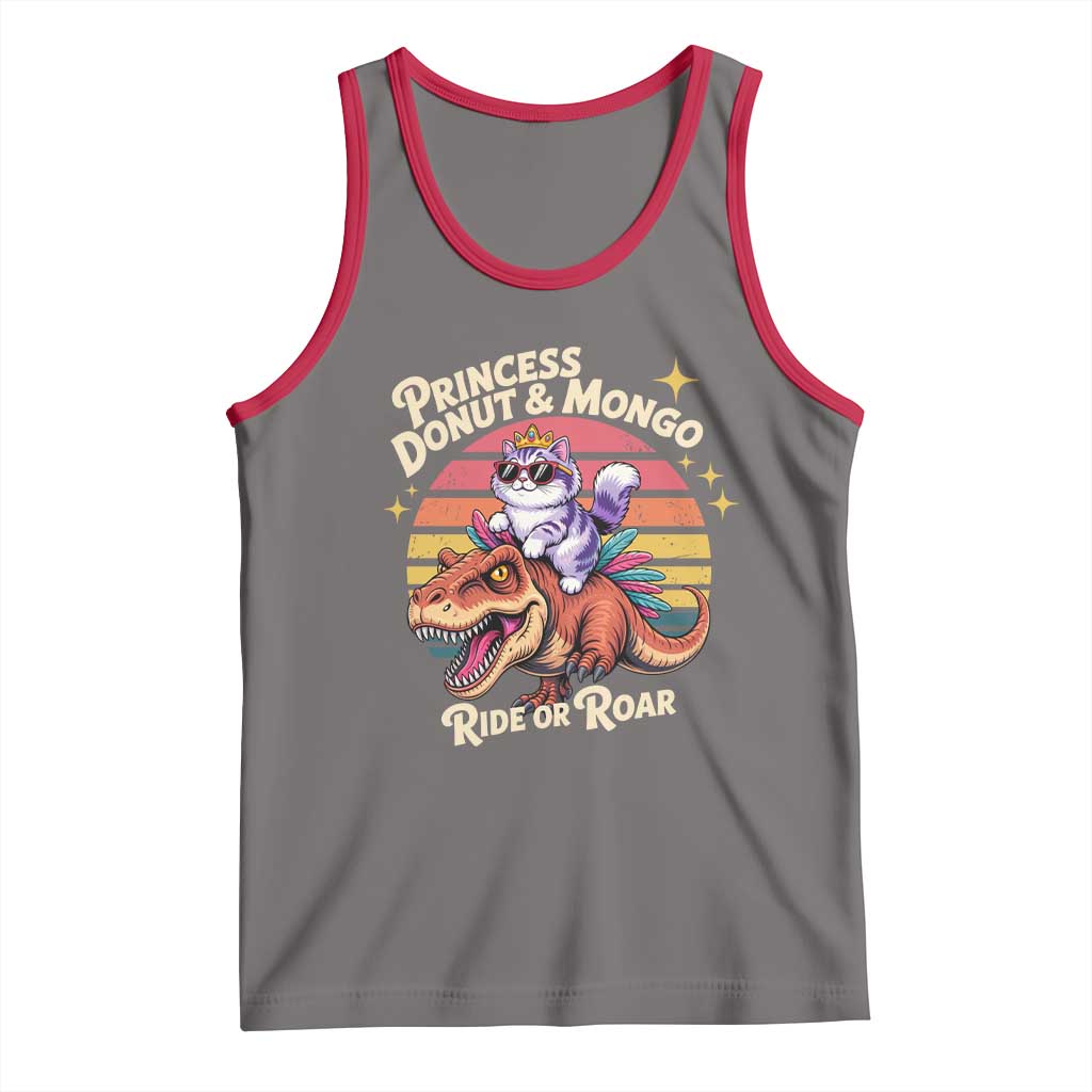 Princess Donut and Mongo Ride or Roar Tank Top Funny Cat Riding Dinosaur Retro Sunset