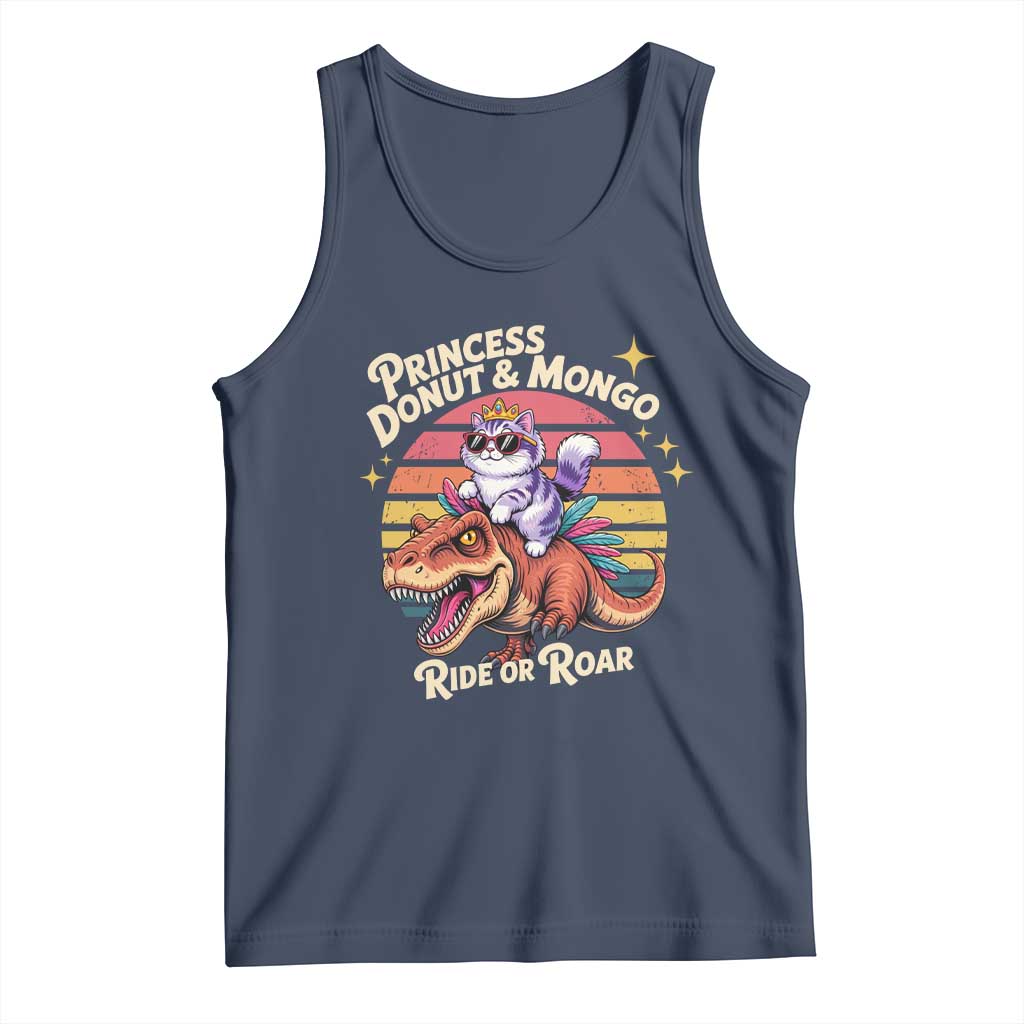 Princess Donut and Mongo Ride or Roar Tank Top Funny Cat Riding Dinosaur Retro Sunset