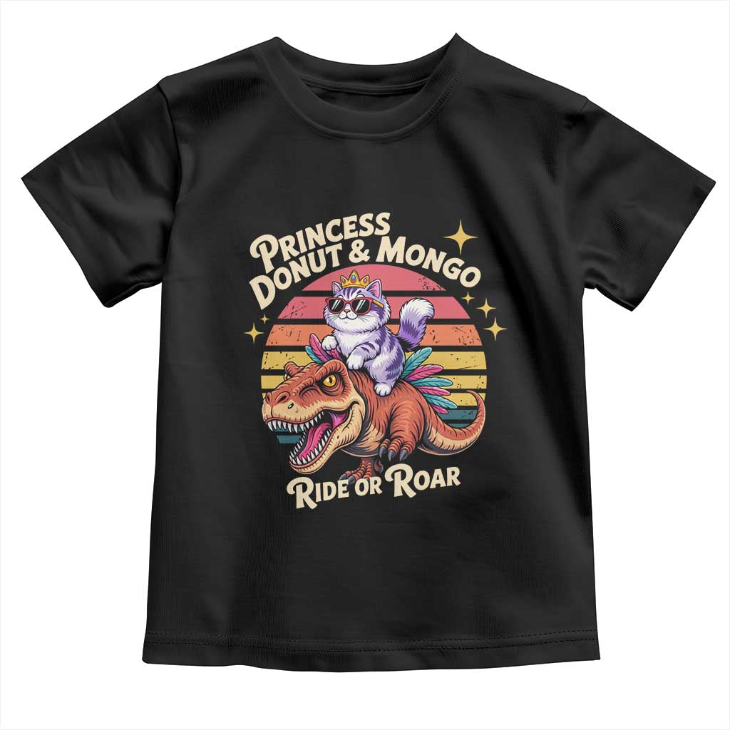 Princess Donut and Mongo Ride or Roar Toddler T Shirt Funny Cat Riding Dinosaur Retro Sunset