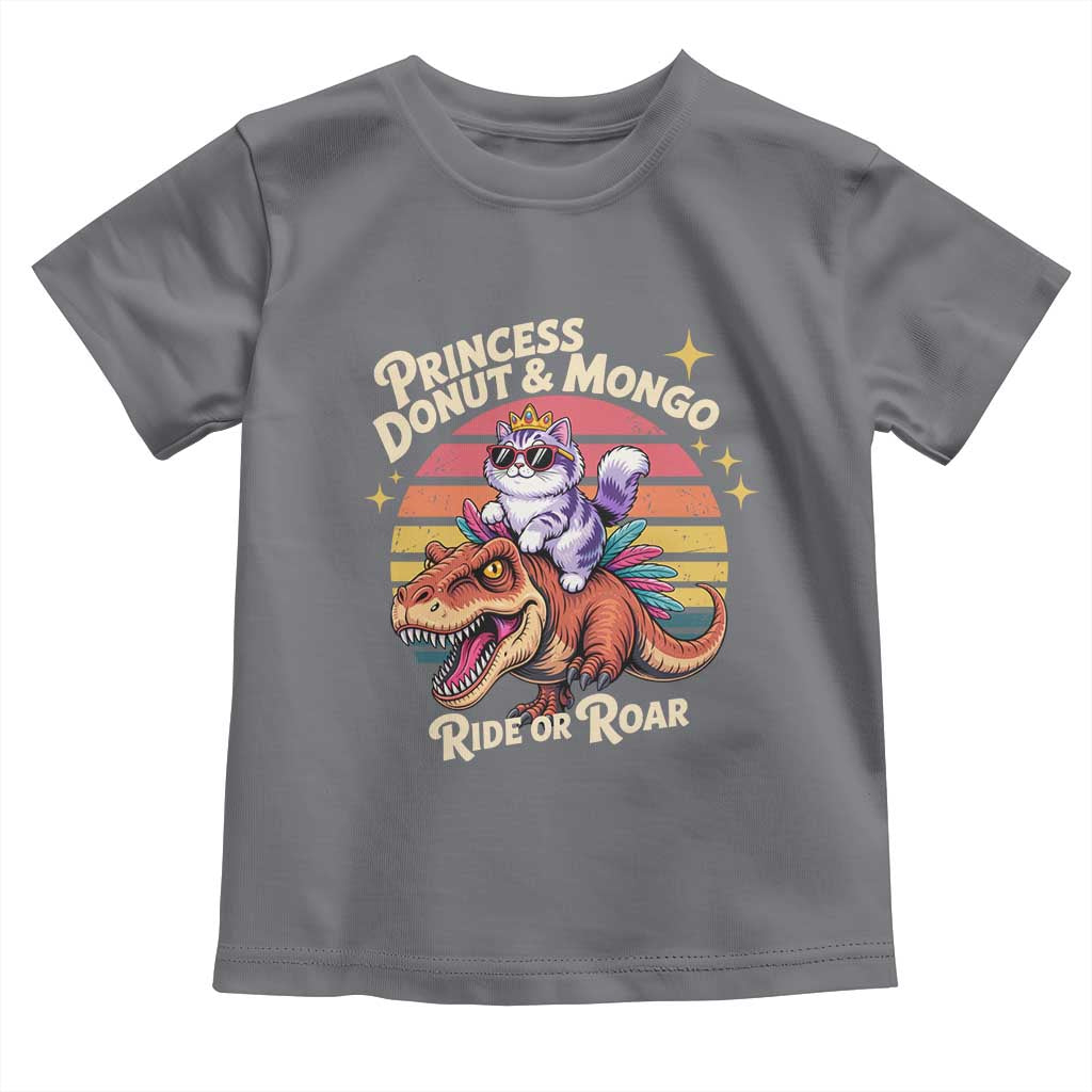 Princess Donut and Mongo Ride or Roar Toddler T Shirt Funny Cat Riding Dinosaur Retro Sunset