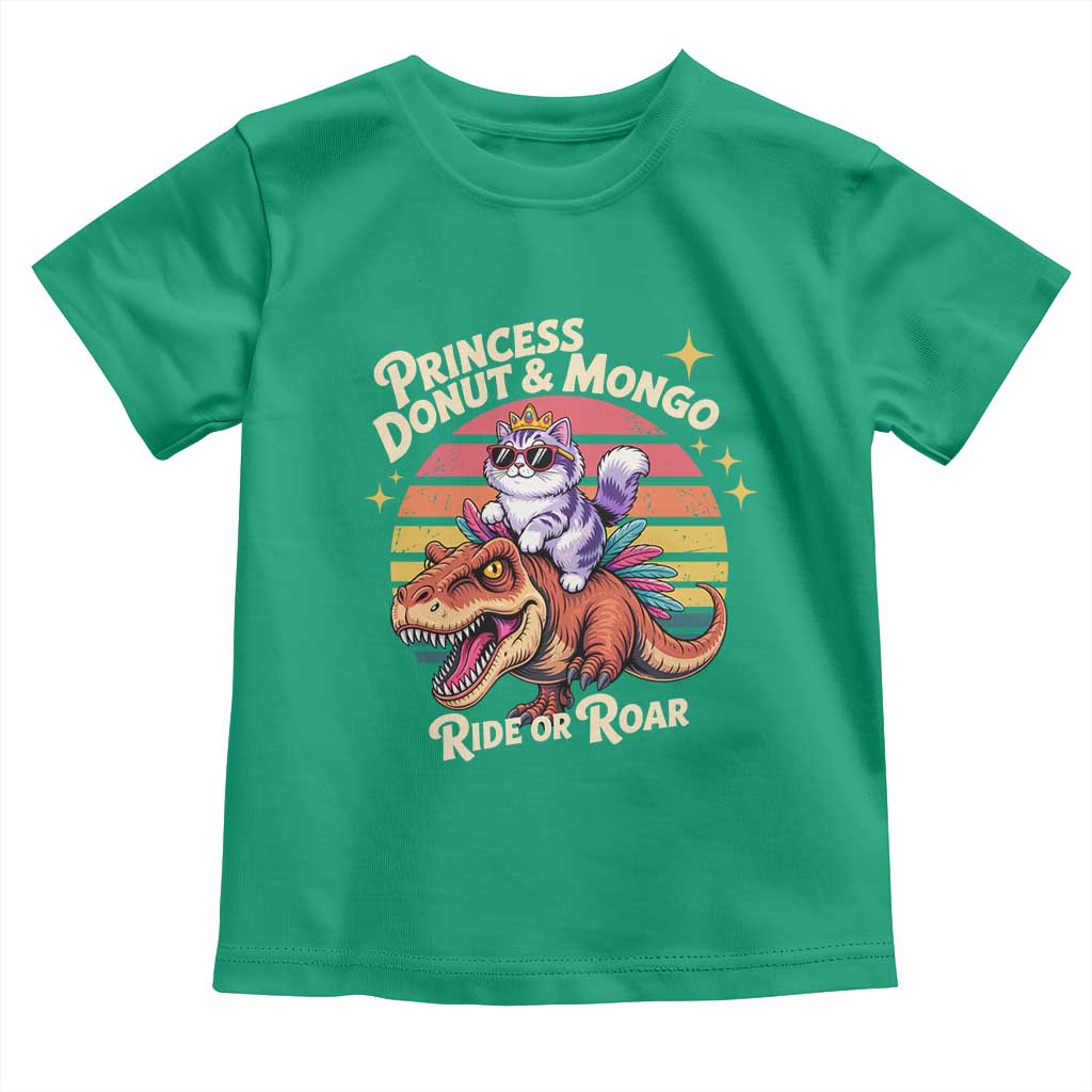 Princess Donut and Mongo Ride or Roar Toddler T Shirt Funny Cat Riding Dinosaur Retro Sunset