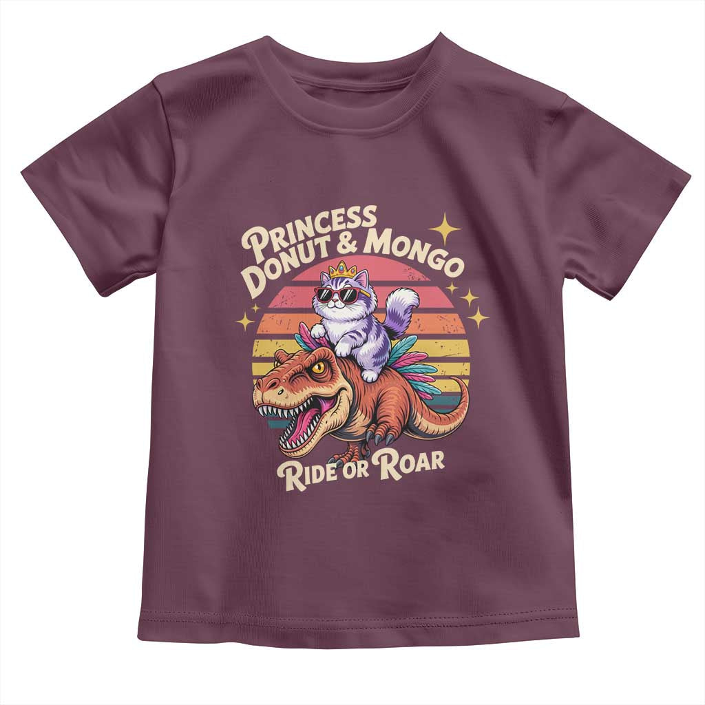 Princess Donut and Mongo Ride or Roar Toddler T Shirt Funny Cat Riding Dinosaur Retro Sunset