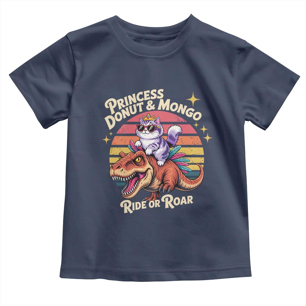 Princess Donut and Mongo Ride or Roar Toddler T Shirt Funny Cat Riding Dinosaur Retro Sunset