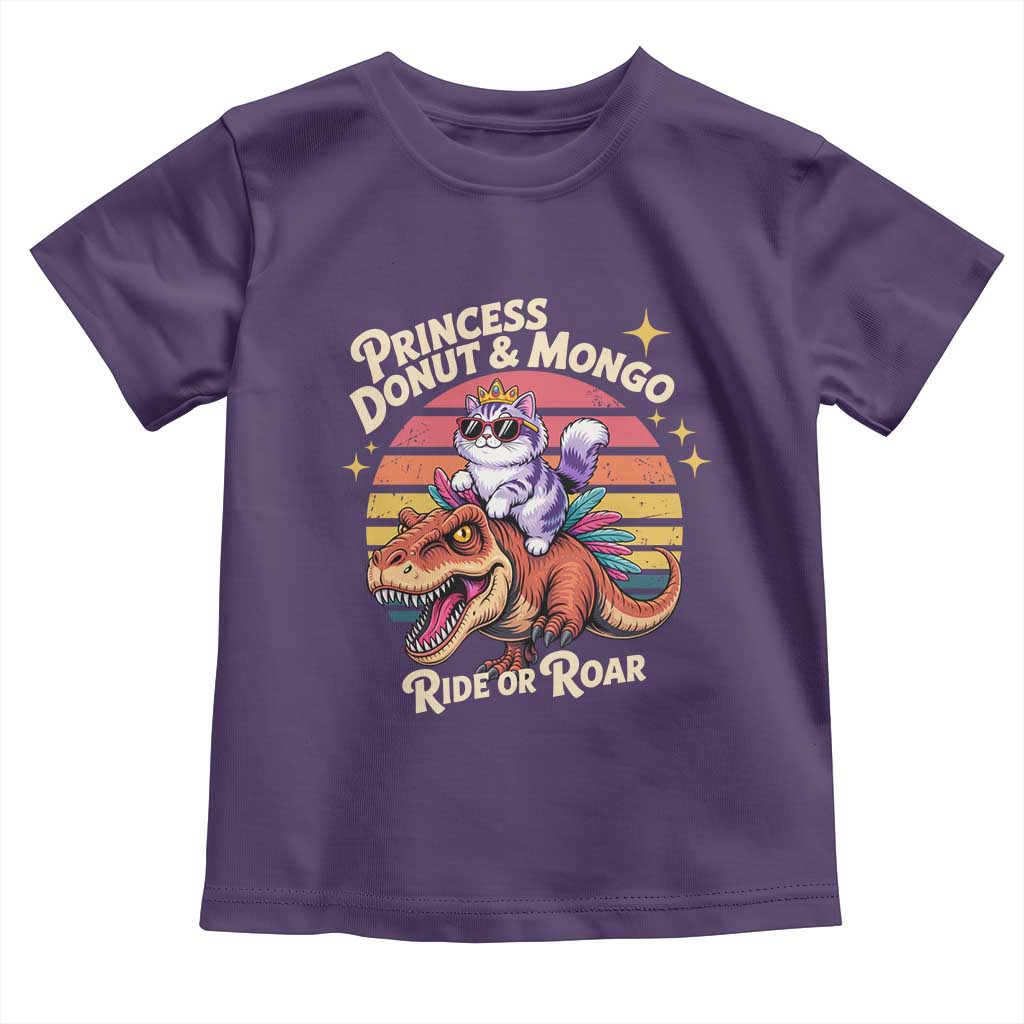 Princess Donut and Mongo Ride or Roar Toddler T Shirt Funny Cat Riding Dinosaur Retro Sunset
