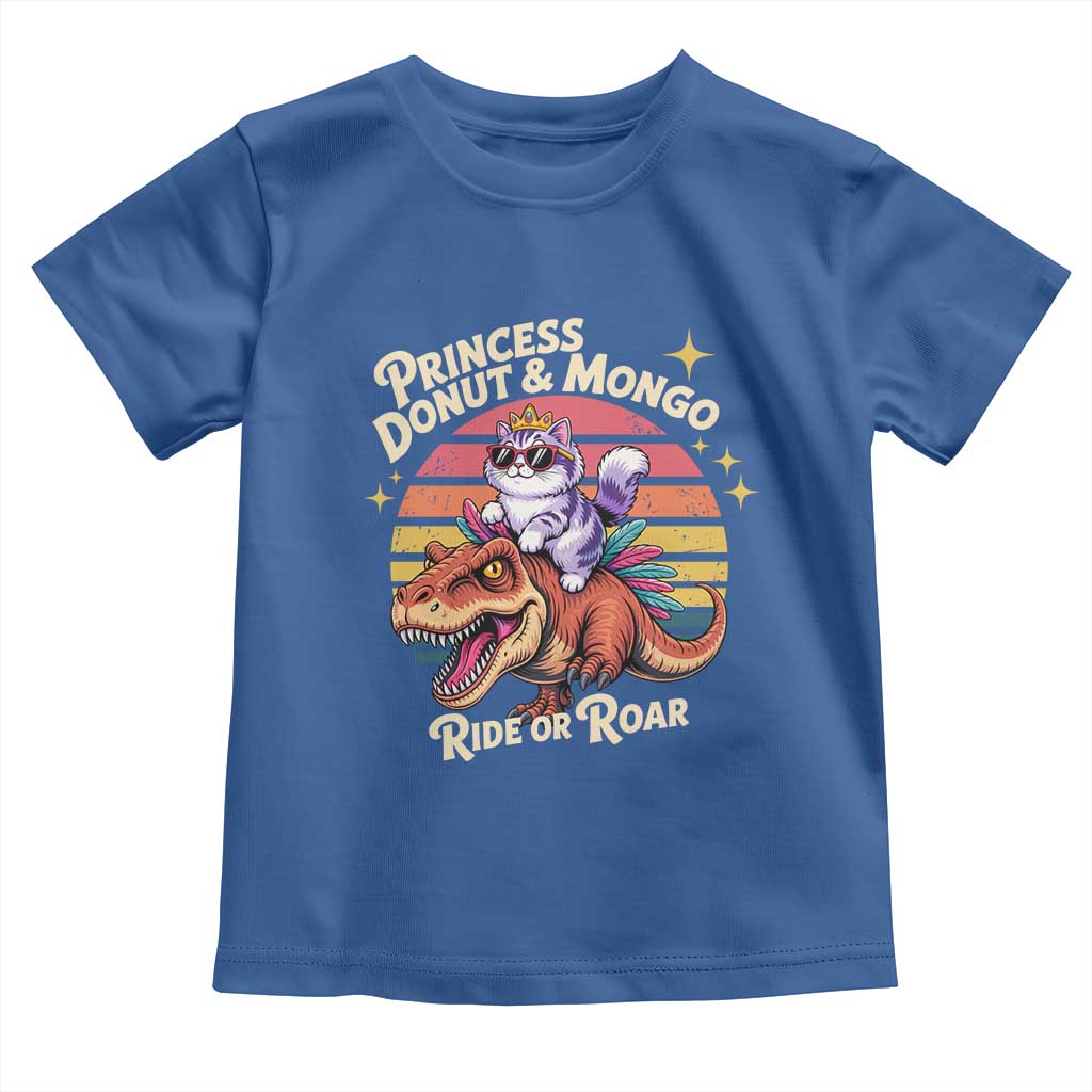 Princess Donut and Mongo Ride or Roar Toddler T Shirt Funny Cat Riding Dinosaur Retro Sunset