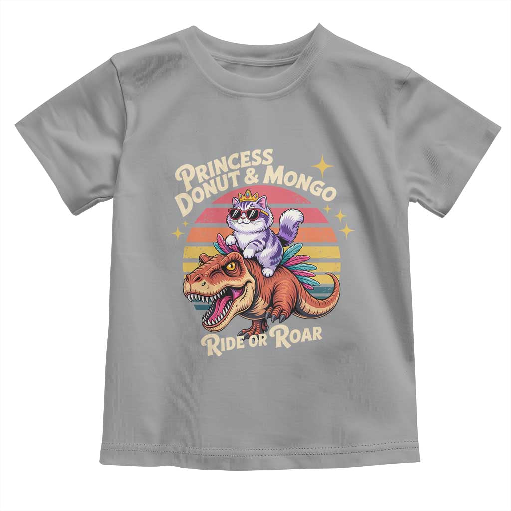 Princess Donut and Mongo Ride or Roar Toddler T Shirt Funny Cat Riding Dinosaur Retro Sunset