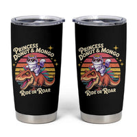 Princess Donut and Mongo Ride or Roar Tumbler Cup Funny Cat Riding Dinosaur Retro Sunset