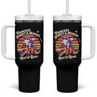 Princess Donut and Mongo Ride or Roar Tumbler With Handle Funny Cat Riding Dinosaur Retro Sunset