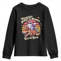 Princess Donut and Mongo Ride or Roar Youth Sweatshirt Funny Cat Riding Dinosaur Retro Sunset